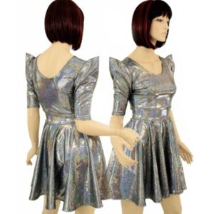 Holographic Sharp Shoulder Skater Dress